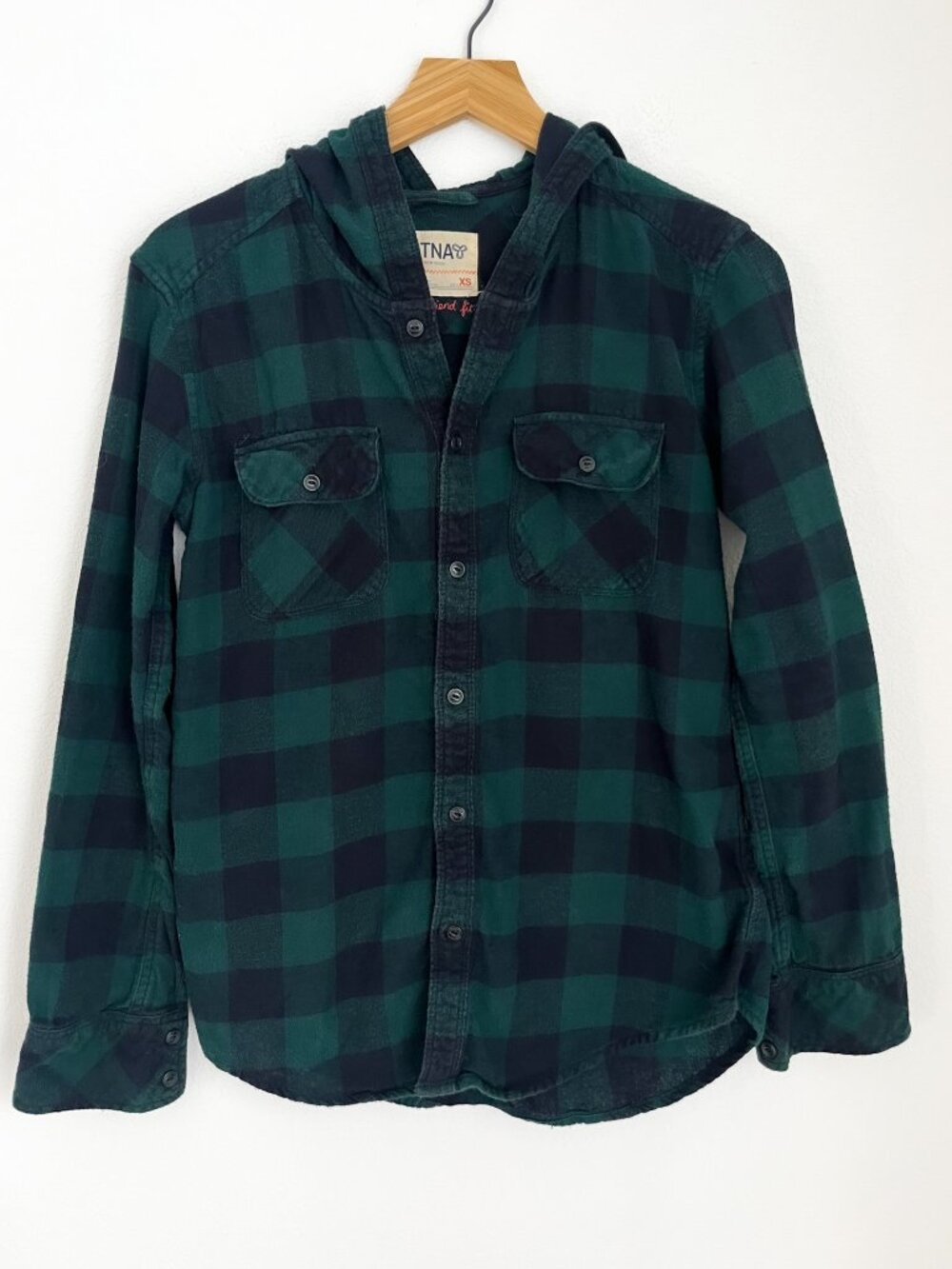 Aritzia TNA Green Black Plaid Hooded Flannel Shirt XS